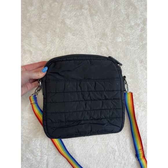 Sondra Roberts Squared Nylon Quilted Black Crossbody Purse Rainbow Strap - Picture 8 of 11
